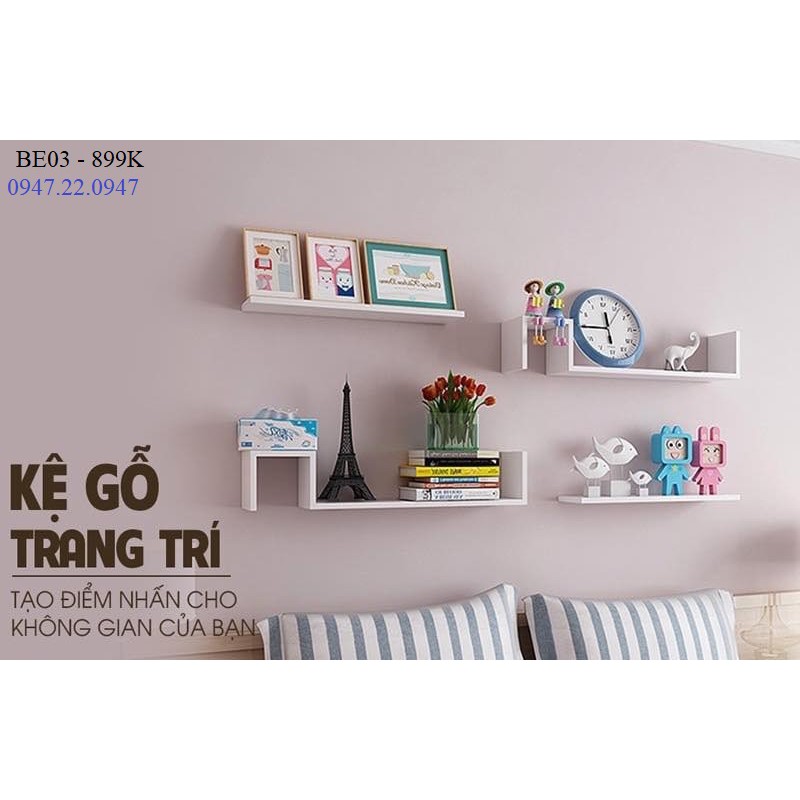 Kệ treo tường trang trí phòng khách Chữ S lắp kết hợp thanh ngang sang trọng Gỗ lõi xanh chống ẩm cao cấp