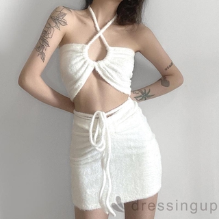 Set Áo cổ yếm màu trơn + chân váy lưng cao thời trang cho nữ