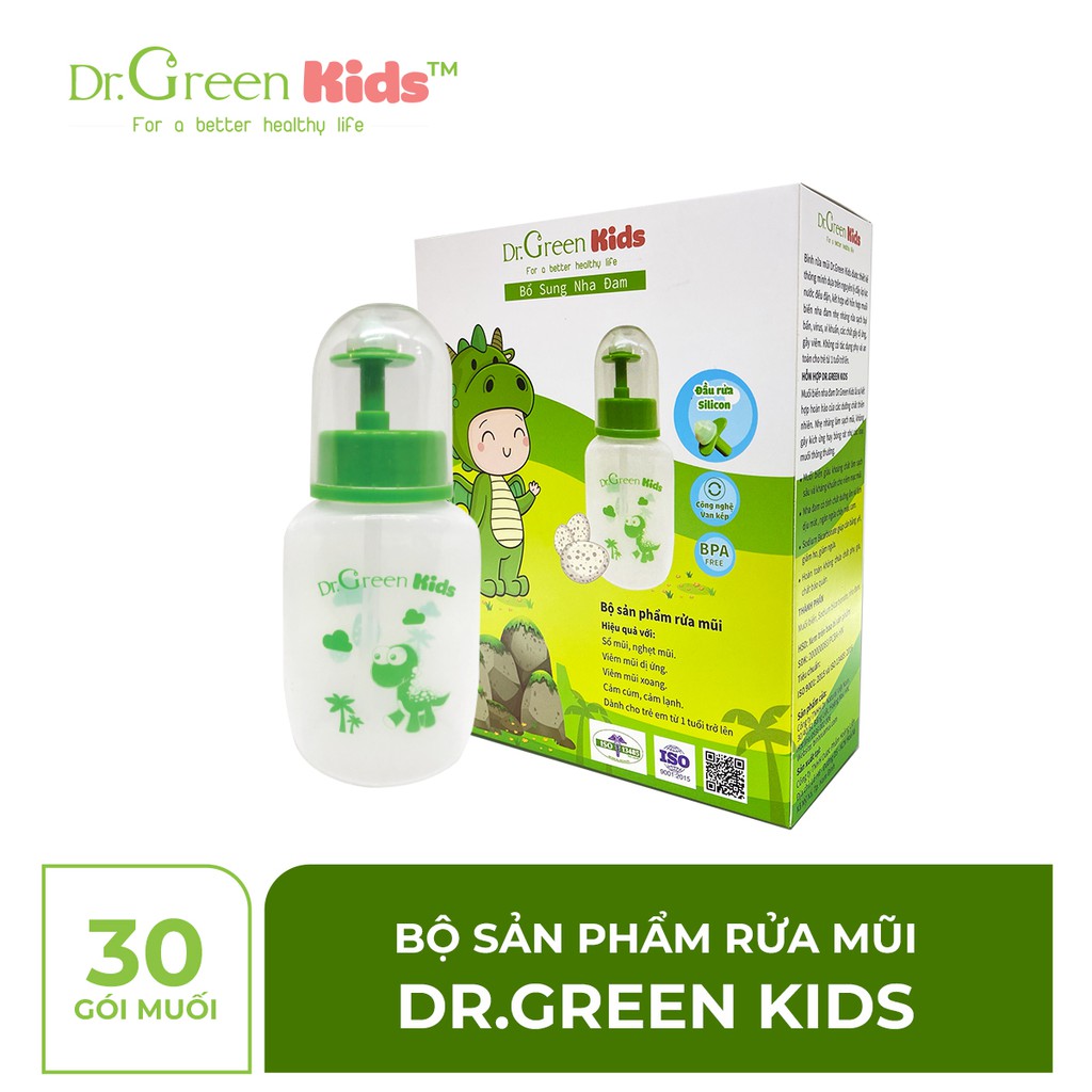 Bình rửa mũi cho trẻ Dr.Green Kids, kèm 30 gói muối biển, thiết kế nhỏ gọn, đầu rửa silicon mềm mại, điều trị viêm mũi