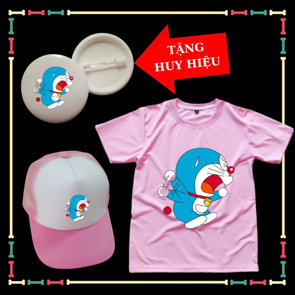 Tặng HUY HIỆU Doremon - Combo mũ áo phông Doremon cho bé trai bé gái xịn xò đủ màu sắc