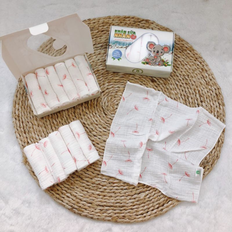 0Khăn sữa nhăn cao cấp Mipbi hộp 6 cái KT 30x30cm. Khăn sữa cho bé 100% sợi bông thiên nhiên theo tiêu chuẩn Châu Âu