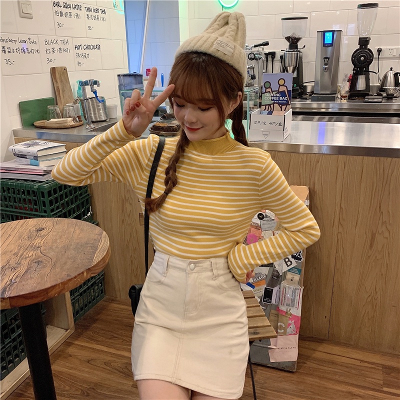 Áo dệt kim tay dài kẻ sọc ngang đơn giản phong cách Hàn Quốc