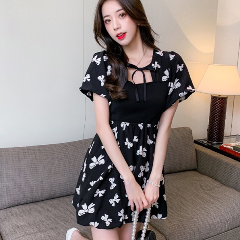 IELGY   Đầm Tay Ngắn Chiết Eo Phối Nơ Phong Cách Pháp Thời Trang Mùa Hè Xinh Xắn Cho Nữ