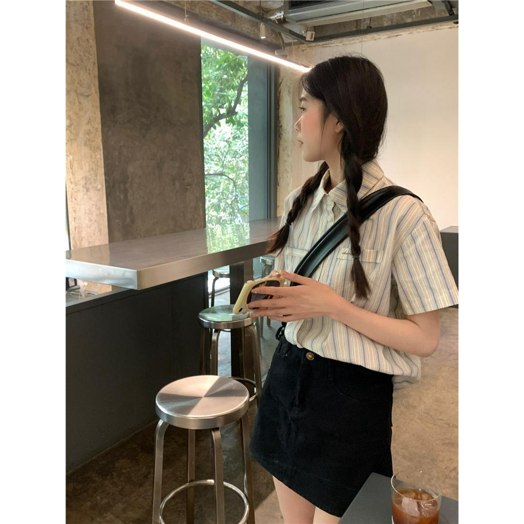 Áo Sơ Mi Kẻ Sọc Dáng Rộng Ngắn Tay Phong Cách Hàn Quốc Thời Trang Mùa Hè 6332