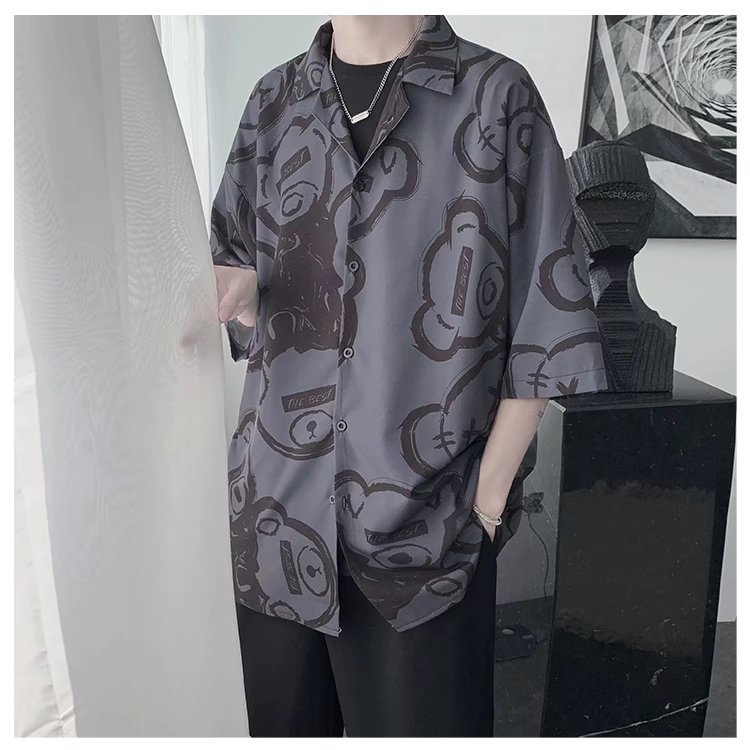 Short Sleeve Shirt With Cartoon Bear Pattern Korean Style Summer Men's Fashion 2022