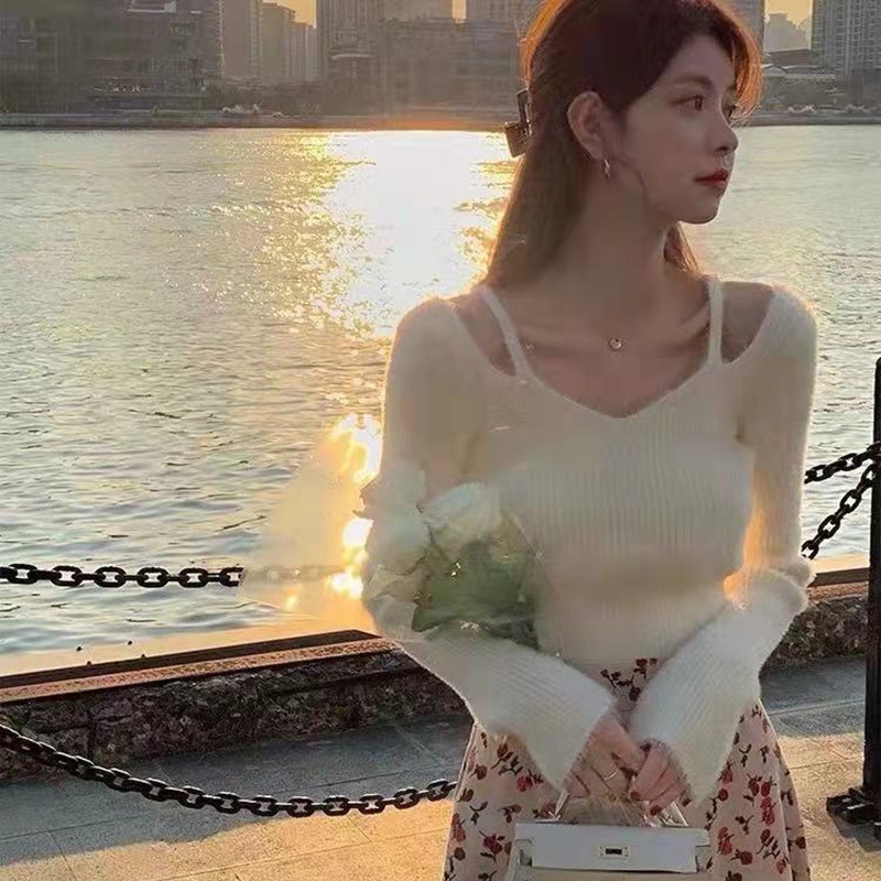 SUXI Áo kiểu dệt kim tay dài ôm dáng trễ vai phong cách Hàn Quốc thời trang mùa thu dành cho nữ