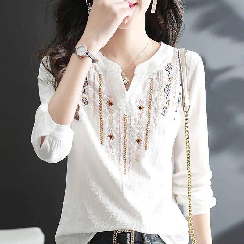 Áo Sơ Mi Trắng Cổ VC.BS5.100% Cotton Tay Dài Thêu Họa Tiết Dân Tộc Thời Trang Xuân Thu 2022 Cho Nữ