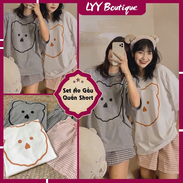 Set đồ nữ áo phông GẤU Hàn Quốc kèm quần short kẻ caro cute chất đẹp  Quảng Châu LYY BOUTIQUE