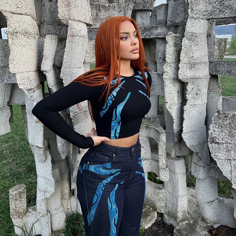 Áo Tay Dài Cổ Tròn Dáng Ôm In Họa Tiết Nghệ Thuật Thời Trang Đường Phố Cho Nữ