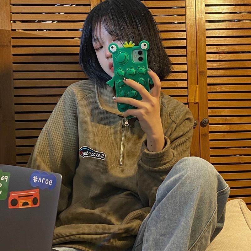 Áo nỉ dài tay da cá cổ polo bẻ sơ mi form rộng unisex dáng Ulzzang Hàn Quốc
