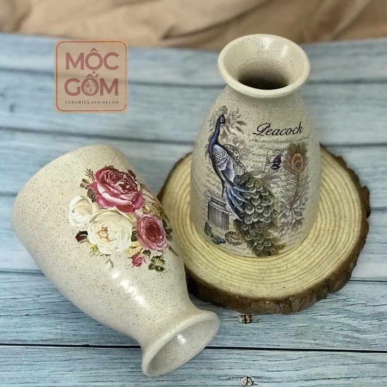 Bình gốm sake cắm hoa men tiêu Bát Tràng để bàn đẹp - Mộc Gốm ( DECAL HỌA TIẾT NGẪU NHIÊN) MG29