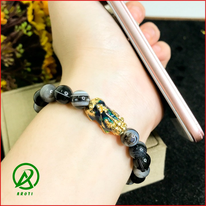 Vòng Tay Phong Thủy Mệnh Thủy- Vòng Tay Nam Nữ Mã Não Vân mây Mix long quy Vàng Đổi Màu 8mm V375-8