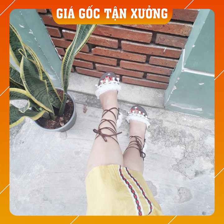 Giày sandal thổ cẩm cột dây màu trắng phong cách boho Mông Cổ [HÀNG CÓ SẴN]