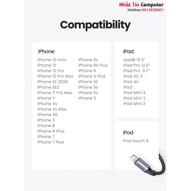 Cáp sạc điện thoại iPhone, iPad usb dài 1M/1M5 chuẩn MFI Apple, sạc nhanh Ugreen 60156/60157 cao cấp