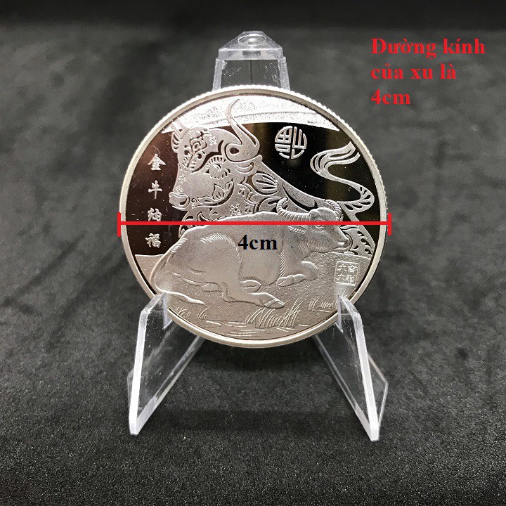 Xu con Trâu Mạ Bạc; dành tặng người thân, bạn bè; Đường kính của xu là 4cm- SP00237