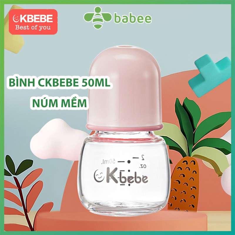 Bình sữa cổ hẹp Ckbebe núm mềm, Bình bú cho bé Sơ Sinh 50ml, bình sữa thủy tinh mini