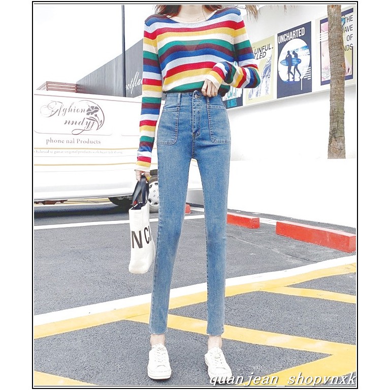 Quần jean nữ 1 CÚC + 2 TÚI KIỂU VUÔNG BẦU lưng cao qua rốn MS126-5