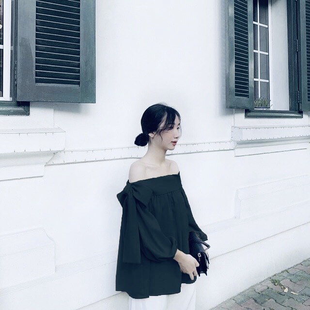Áo đũi trễ vai thắt tay nơ freesize đen trắng be tay phồng tiểu thư ulzzang hàn quốc wikishop C472