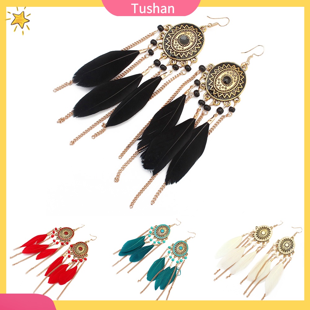 Đôi Bông Tai Dáng Dài Phối Lông Vũ Phong Cách Vintage Cho Nữ