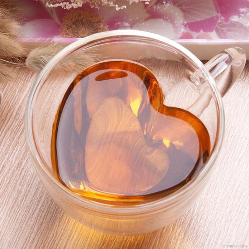 Cốc thủy tinh hai lớp cách nhiệt thiết kế trái tim có tay cầm tiện lợi