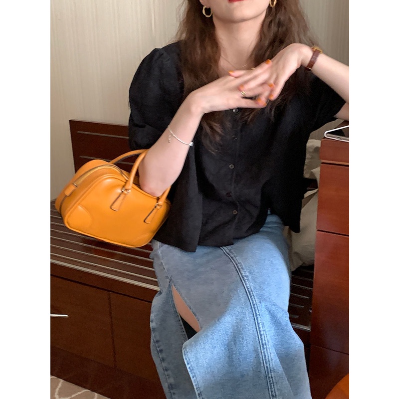 Áo sơ mi tay phồng cổ chữ V dáng rộng phong cách pháp cho nữ