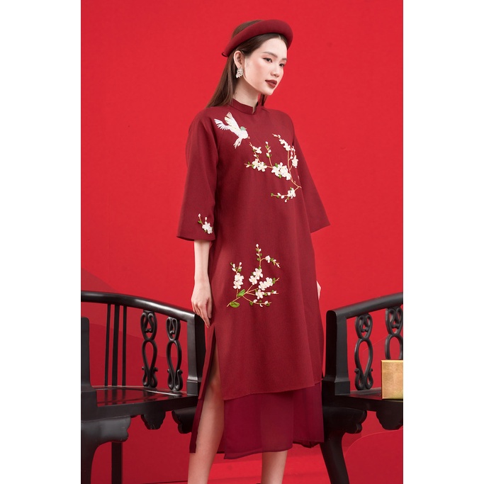 RẬP - Áo Dài Hoa Đào Đỏ Vạt Đỏ - FREESIZE