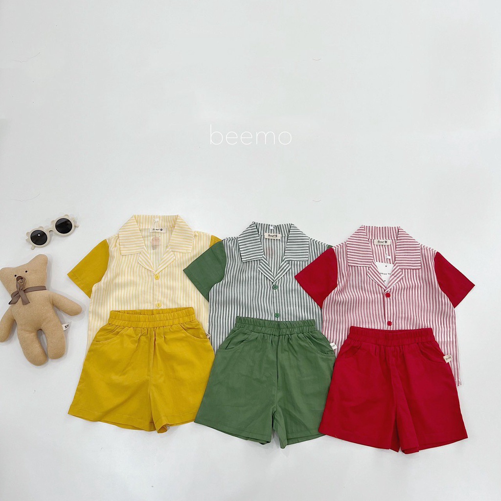 Set bộ đồ pijama Beemo cho bé trai, bé gái từ 1 đến 6 tuổi kẻ sọc phối tay 3 màu - 21B027