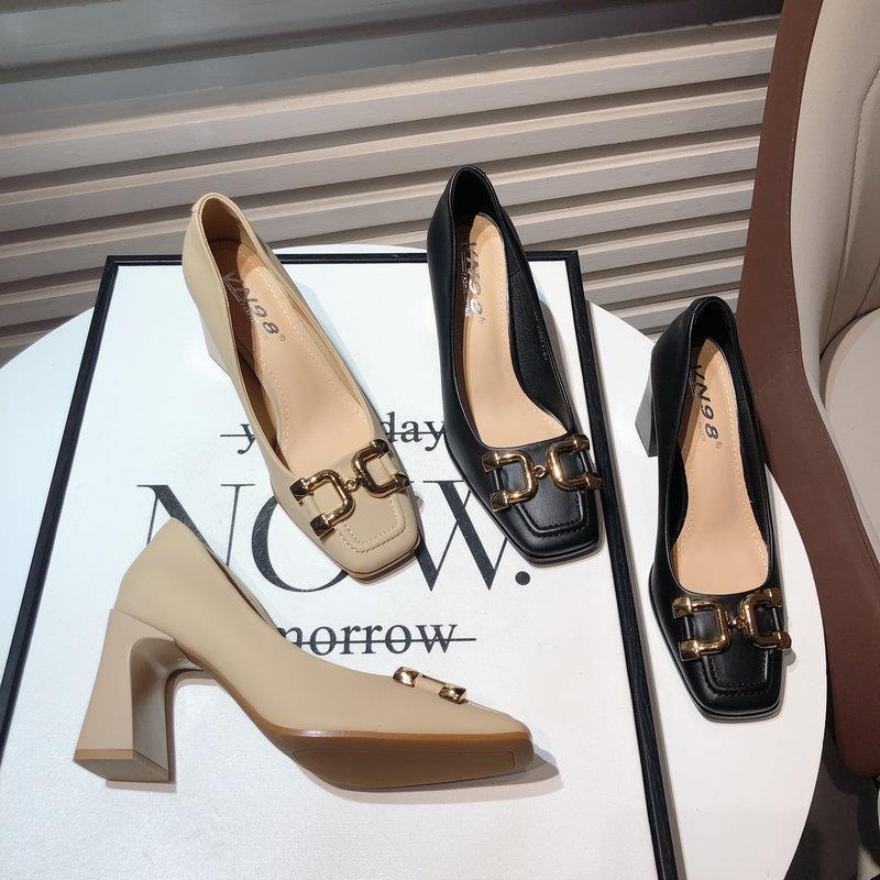 Giày Cao Gót Mũi Vuông Đế Dày Phối Khóa Kim Loại Phong Cách retro Pháp Thời Trang Mùa Xuân Cho Nữ