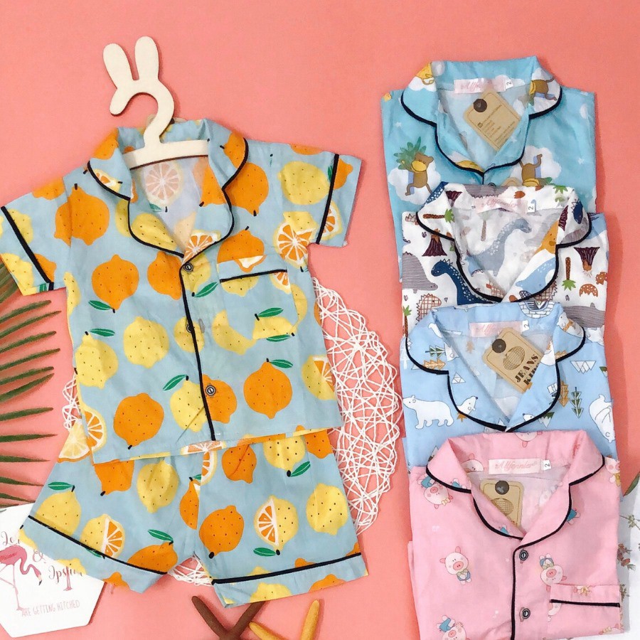 Pijama thô lụa viền ren in hình cho bé gái từ 8 đến 15kg