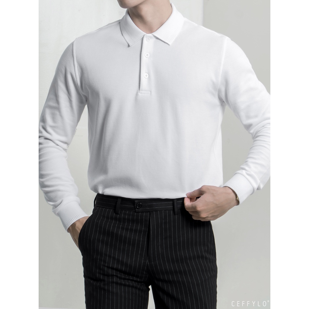 Áo Polo Dài Tay Trắng Trơn Basic Vải Cotton Mềm Mịn - CEFFYLO