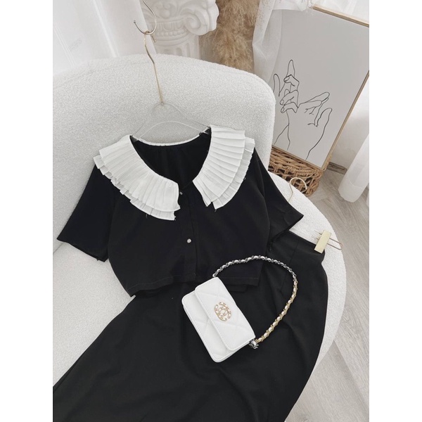 SET CROP ĐEN CỔ TRẮNG DẬP LY + CHÂN VÁY MIDI sp000223