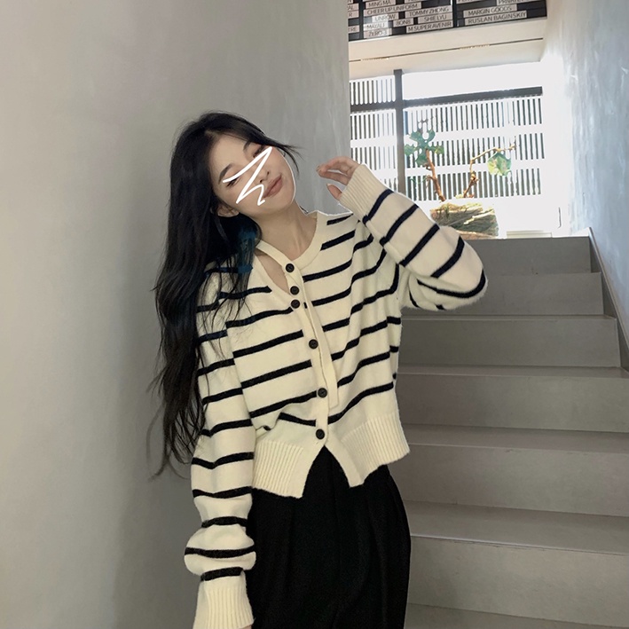 Áo cardigan ZHELIHANGFEI dệt kim tay dài lưng cao kẻ sọc thiết kế quyến rũ cá tính