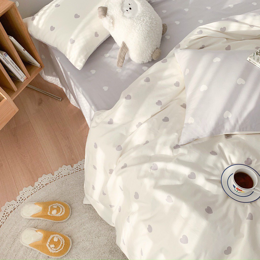 BỘ CHĂN GA GỐI COTTON POLY( CHĂN ĐÃ TRẦN BÔNG) HỌA TIẾT TIM TRẮNG GHI - ĐỦ KÍCH THƯỚC