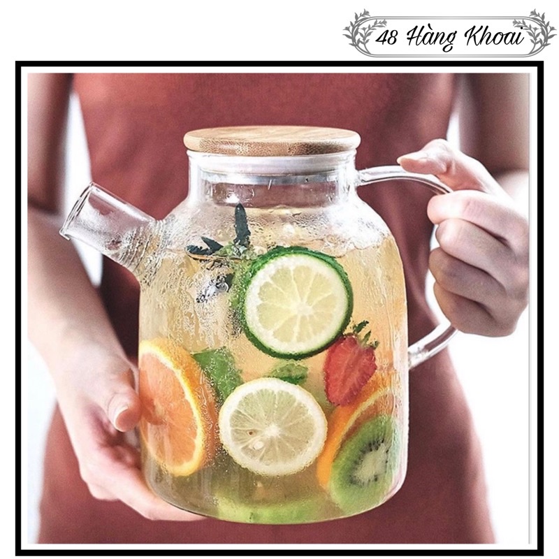 Bình detox, ấm trà thuỷ tinh cao cấp nắp gỗ