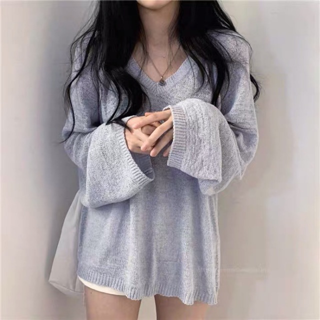 (Sẵn be) Áo len mỏng dáng thụng basic Hàn Quốc