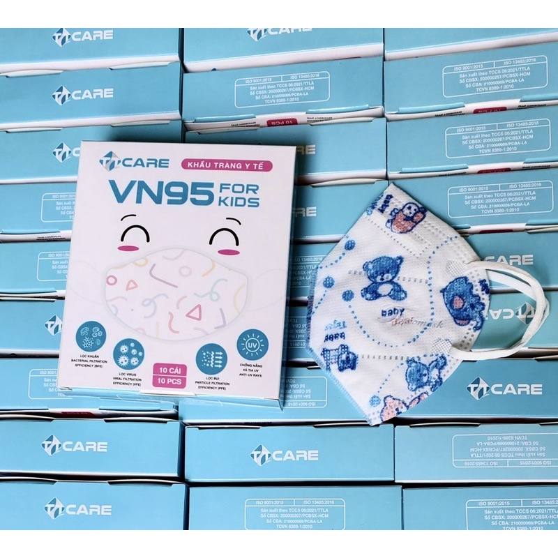 ✅ Hộp 10 khẩu trang VN95 TTcare cho trẻ em dưới 7 tuổi họa tiết Gấu xanh