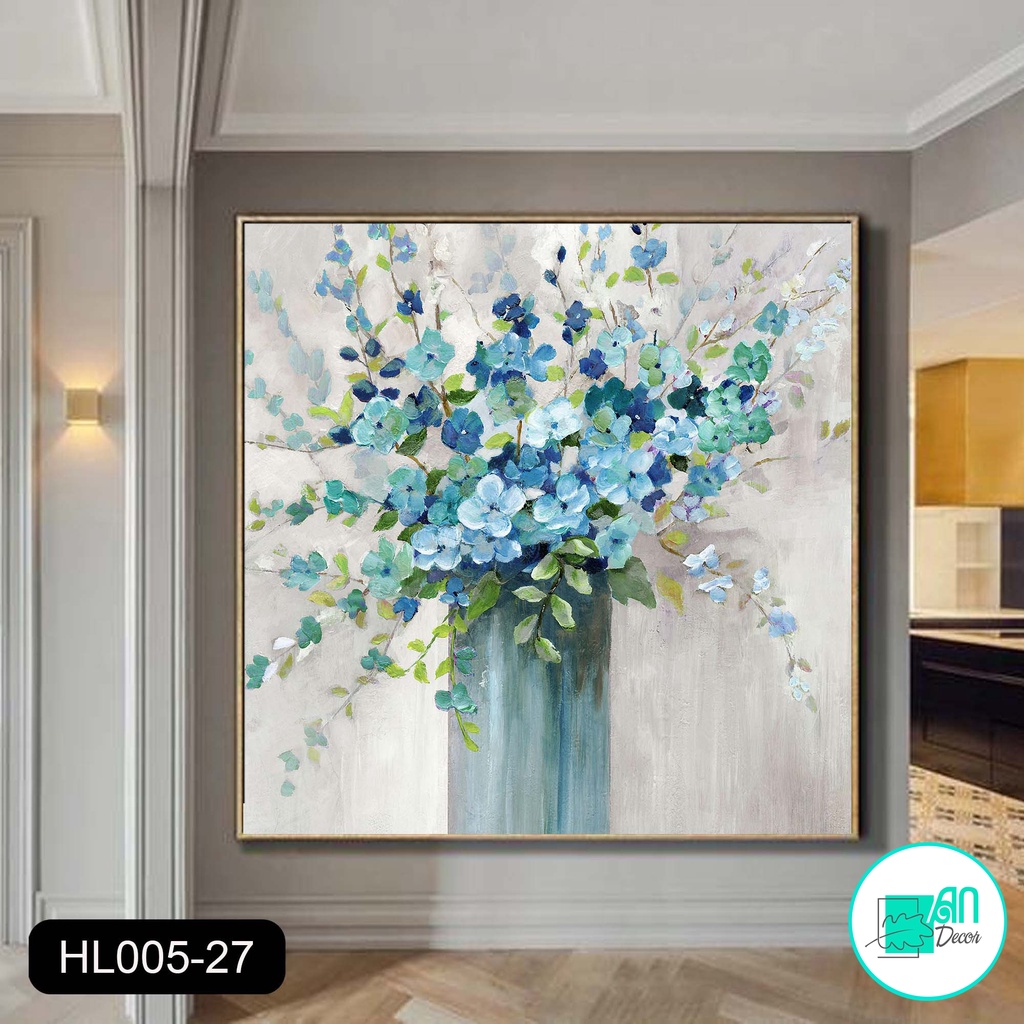 Tranh canvas treo tường bình hoa trắng xanh vintage 70 x 70 cm