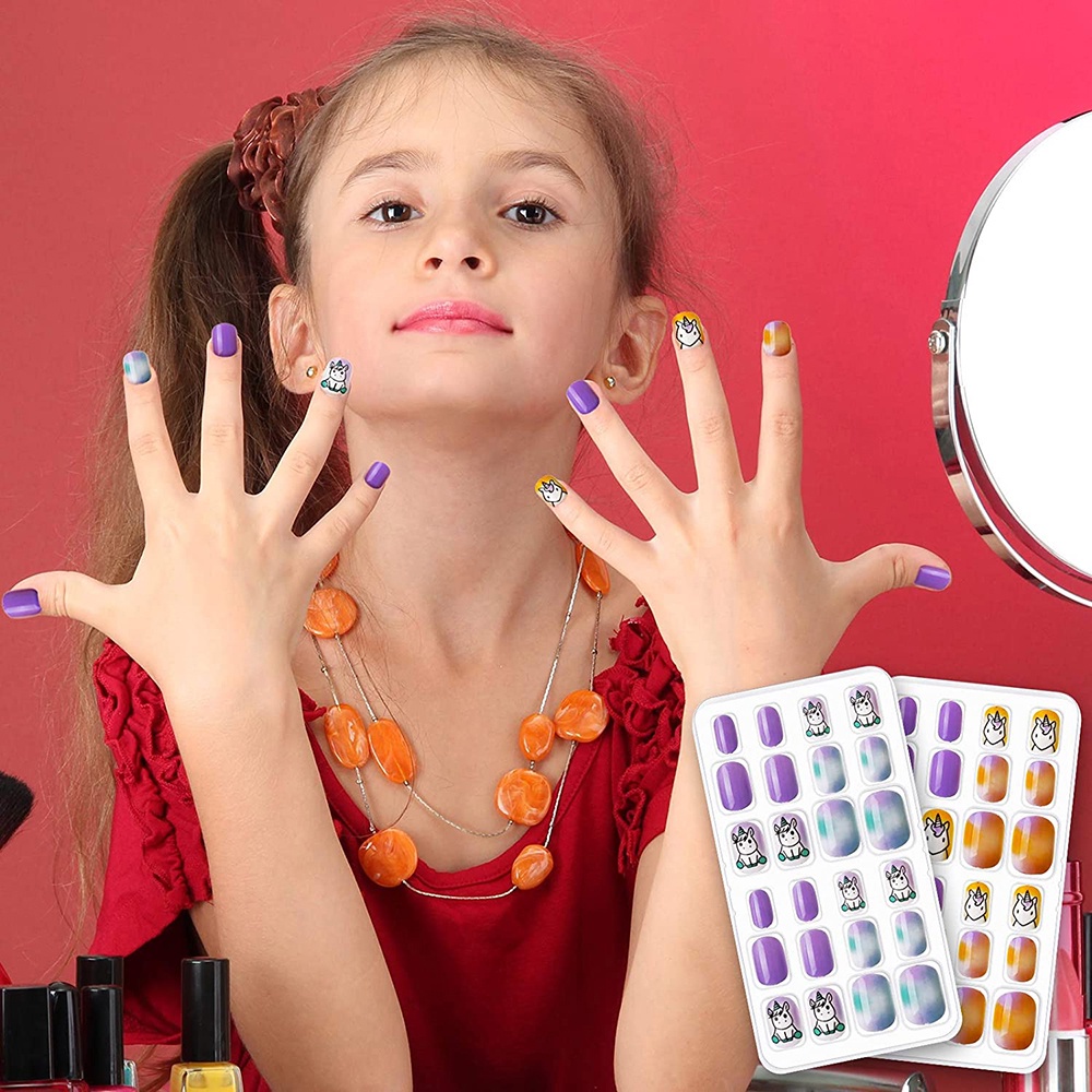 [Hàng mới về] Set 24 móng tay giả bằng acrylic hình kỳ lân thiết kế thời trang cho bé