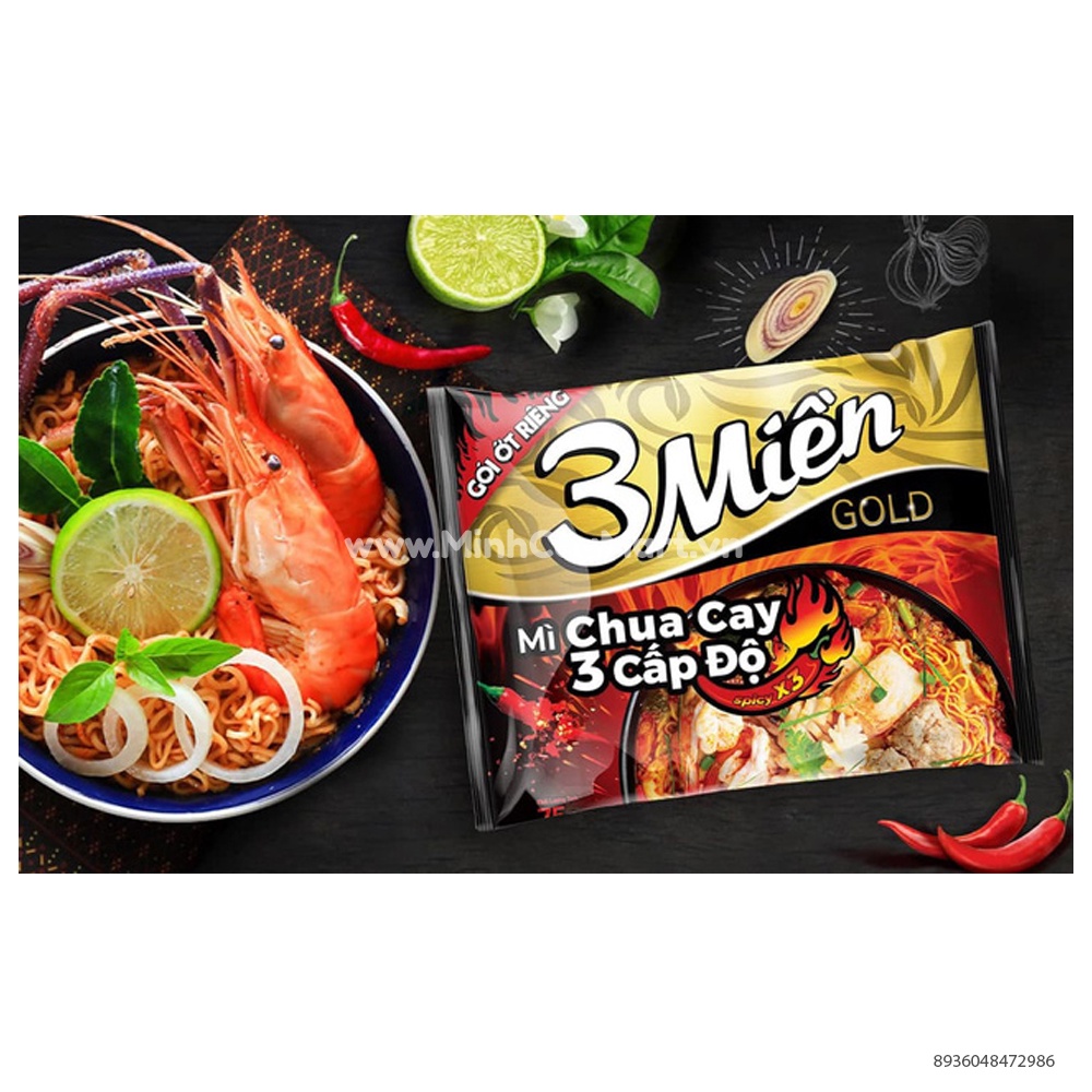 Thùng 30 gói Mì 3 Miền chua cay 3 cấp độ 75g