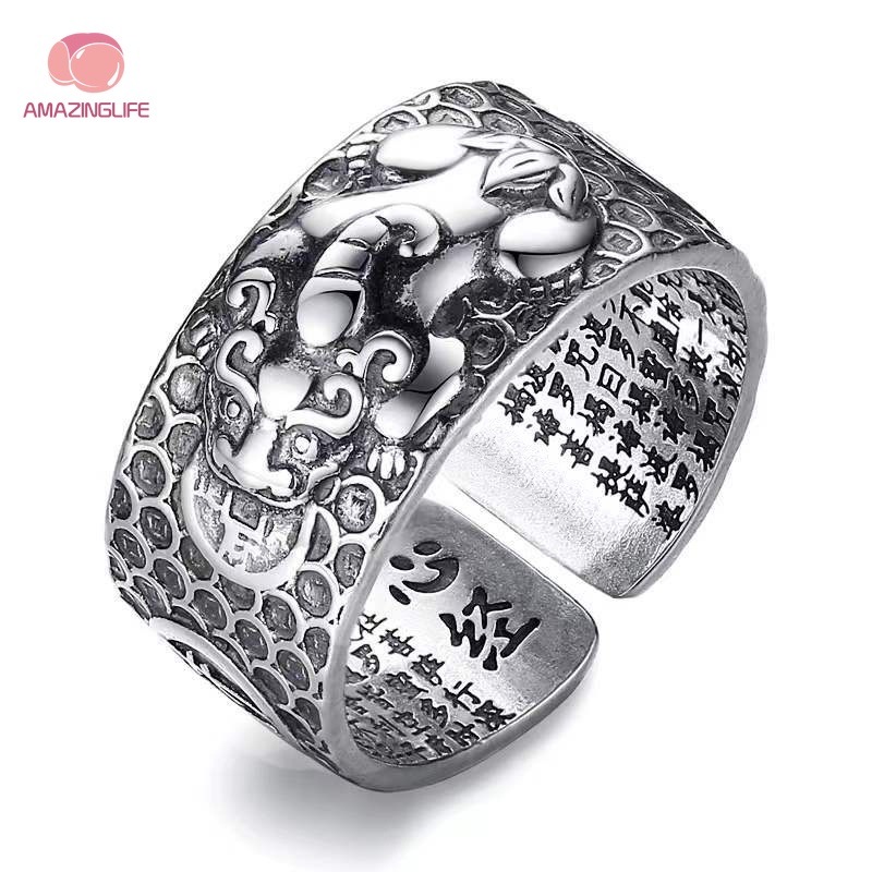 Nhẫn Hở Kim Loại Khắc Hình Pixiu Phong Cách Trung Hoa Cổ Điển Cho Nam