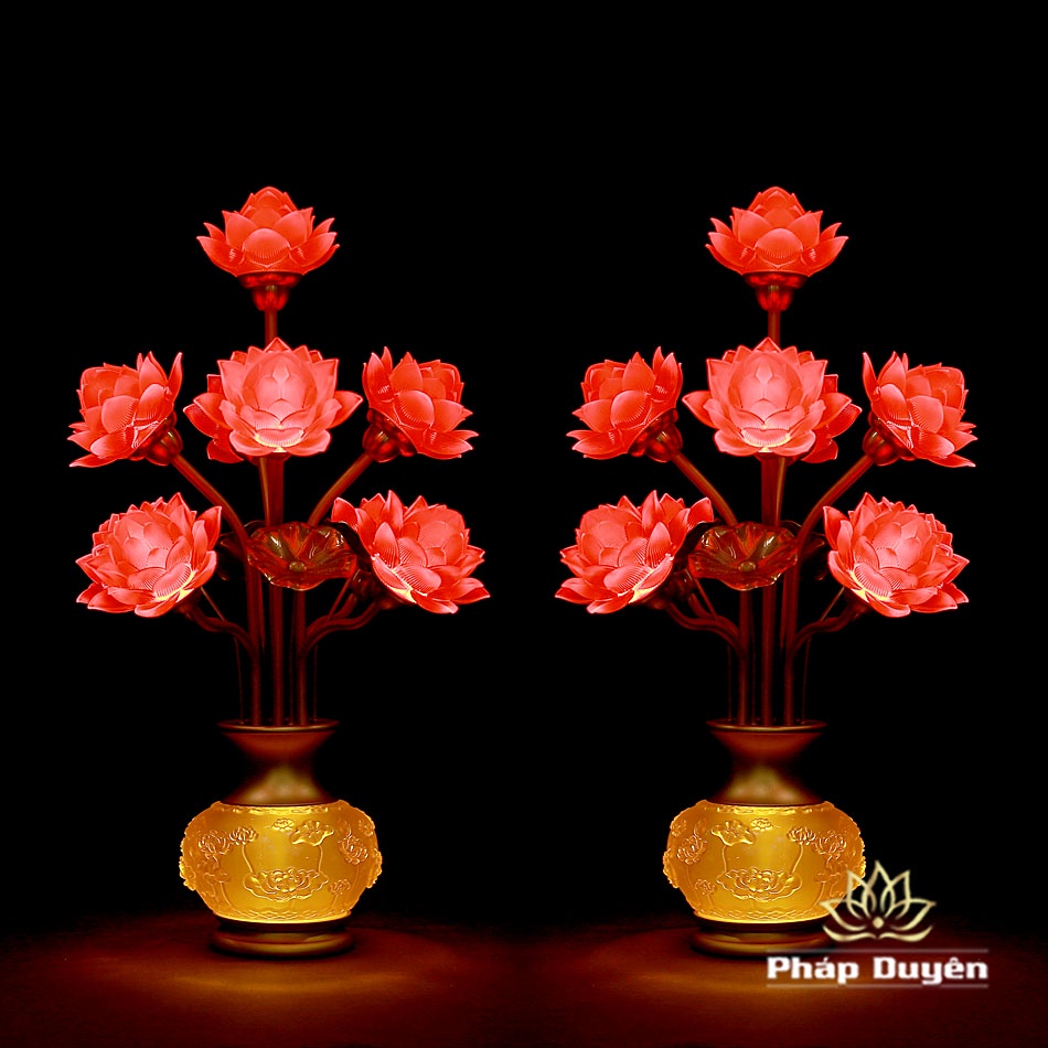 Đôi Đèn Thờ Điện, Đèn Bình Lọ Hoa Sen Thịnh Thế Thủy Lưu Ly 50cm, 7 bông & 9 bông