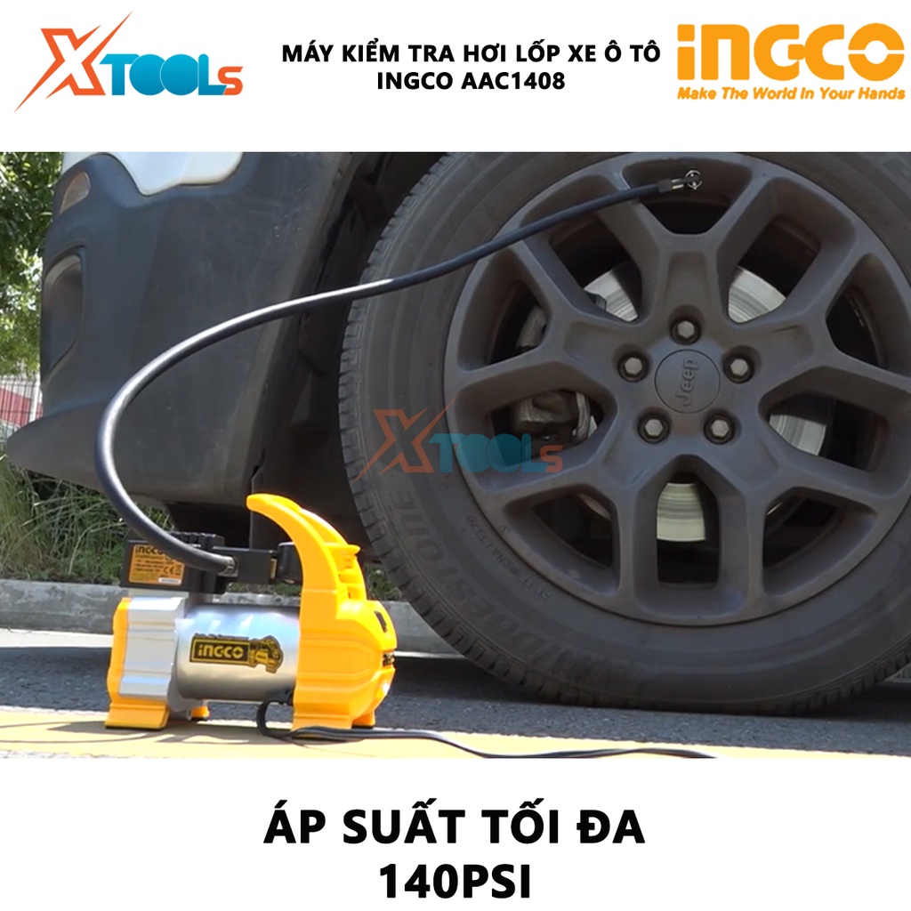 Máy kiểm tra hơi lốp xe INGCO AAC1408 | máy bơm hơi lốp xe Kèm đèn Led, dây nguồn 3m, pin kẹp vòi phun phun sơn, thổi sạ