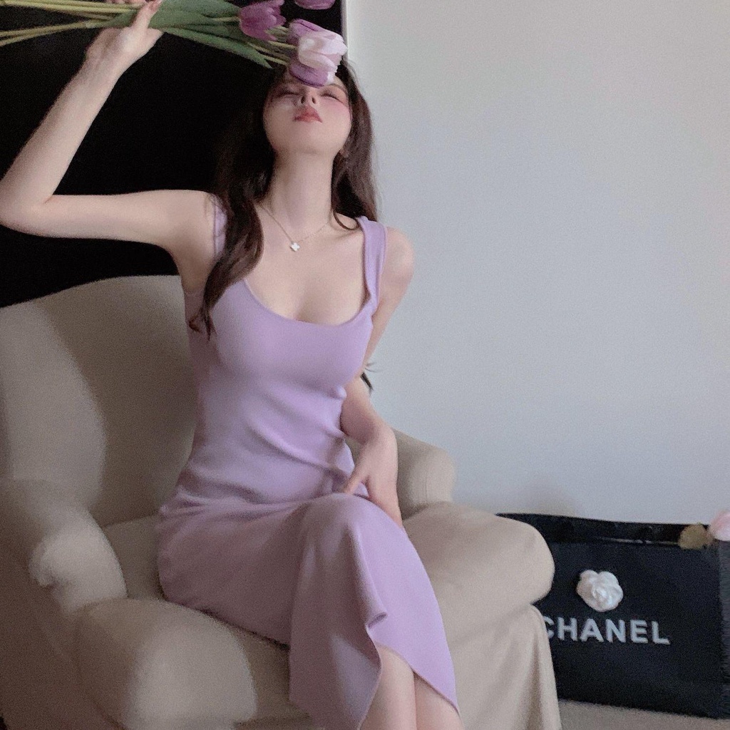 Đầm Lửng Hai Dây Dáng Ôm Màu Tím Thời Trang Mùa Hè Xinh Xắn Cho Nữ