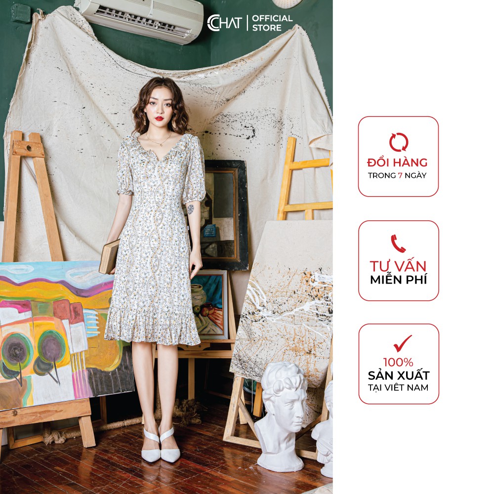 Váy hoạ tiết cổ tim phối bèo CCHAT