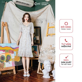 Váy hoạ tiết cổ tim phối bèo CCHAT