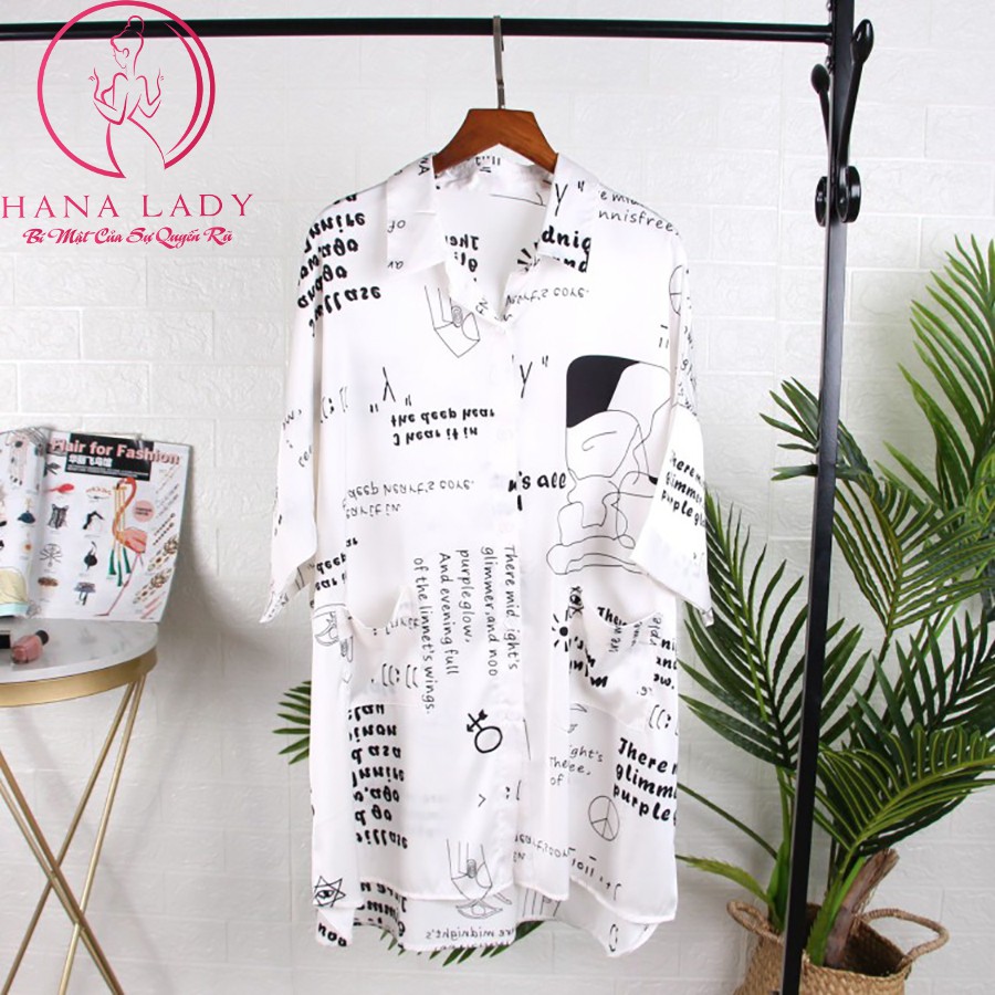 Váy ngủ nữ sơ mi lụa cao cấp, Áo ngủ đồ mặc nhà gợi cảm sang chảnh họa tiết chữ PJ382
