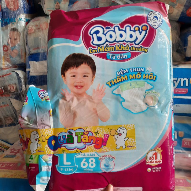 Bĩm dán bobby siêu thấm mẫu mới size M 76 miếng tặng kèm 6 miếng,tã bobby dán size L 68 miếng