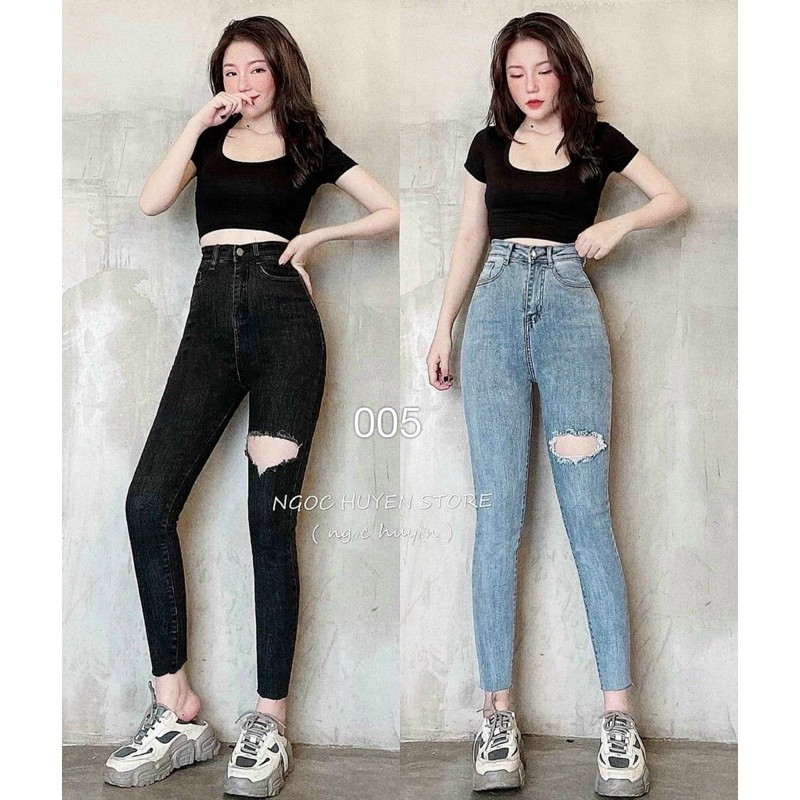 Quần jeans RÁCH 005 ôm body lưng siêu cao rách gối JZ0T