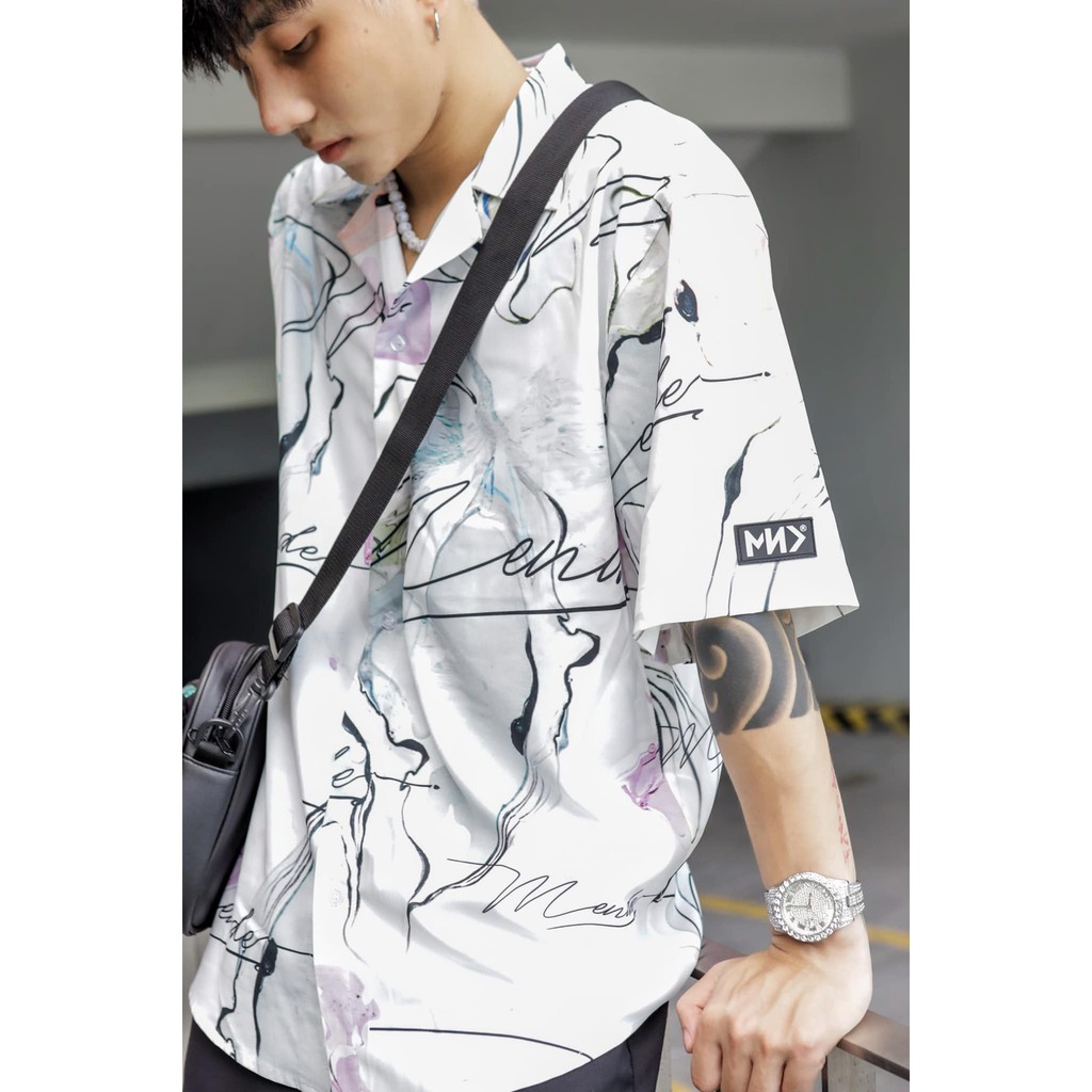 Áo sơ mi MEN.DE MARBLE SIGN form rộng cổ vest tay ngắn unisex nam nữ màu trắng