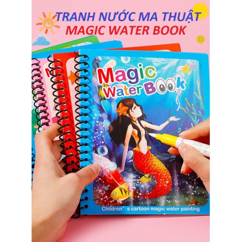 Tranh Tô Màu Nước Ma Thuật Tự Xóa, Sách Tập Tô Thần Kỳ, Magic Water Book Cho Bé Giá Tốt Với 12 Chủ Đề Tặng 1 Bút Tô Màu